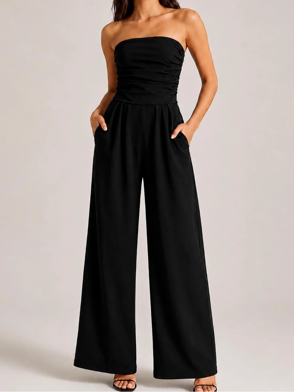 VENUS Strapless Ruched Bodice Wide-Leg Jumpsuit - Black